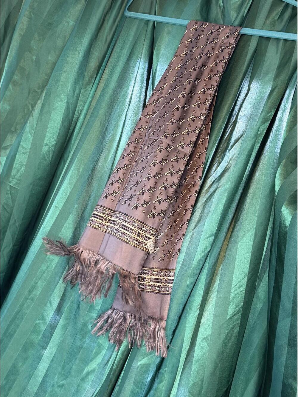 Golden Camel Silk Scarf Equestrian Horse Print Fringe Edges Vintage Wrap Tan